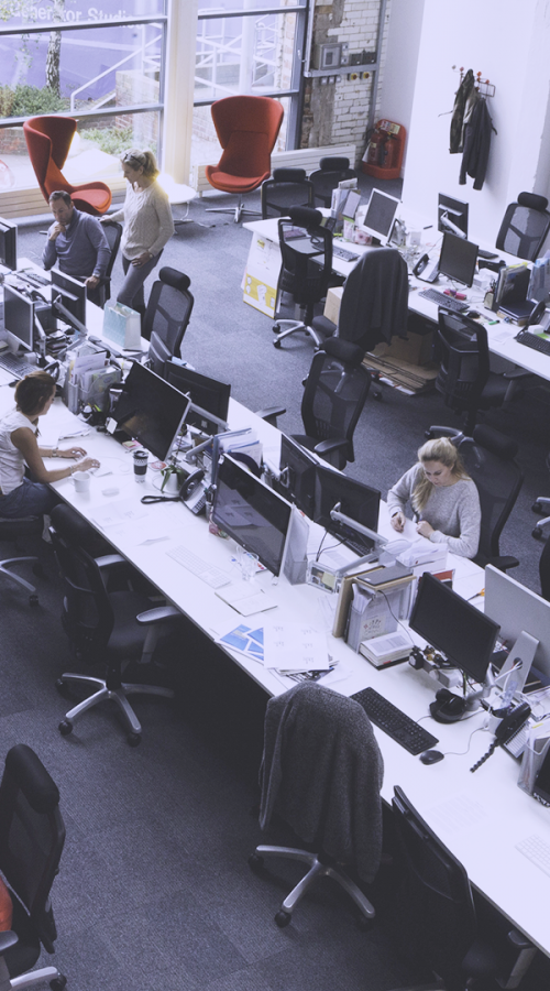employees in an open space in front of their computer