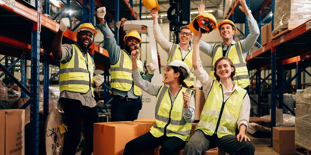 happy people in a warehouse