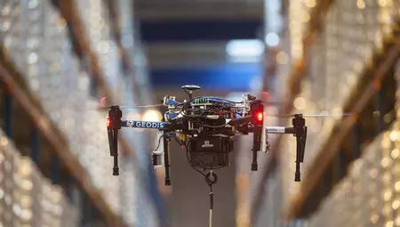 Drone in a GEODIS warehouse